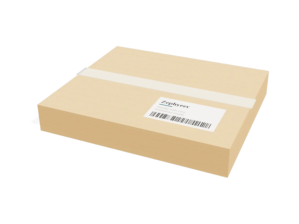 Sealed cardboard box with reinforced edges and a Zephyeer shipping label