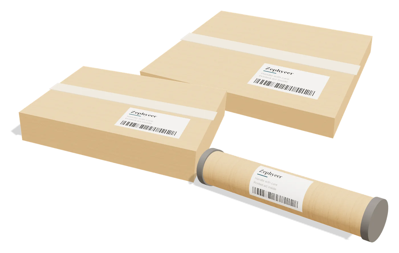 Zephyeer packages: a canvas print box, a flat framed-poster box and a poster tube