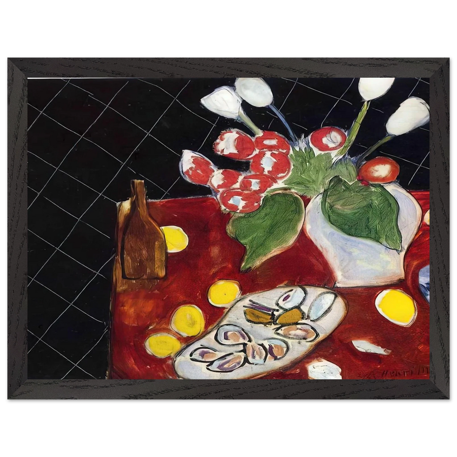 TULIPS AND OYSTERS ON A BLACK BACKGROUND 1943 by Henri Matisse — Framed art print at Zephyeer