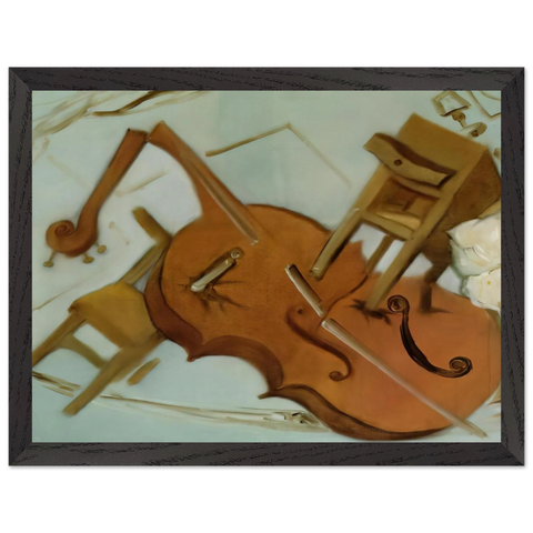 BED CHAIR AND BEDSIDE TABLE FEROCIOUSLY ATTACKING A CELLO by Salvador Dali — Framed art print at Zephyeer