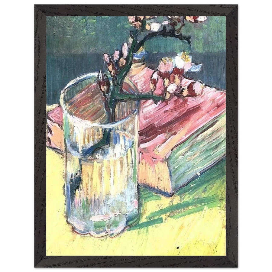 Blossoming Almond Branch in a Glass with a Book by Vincent van Gogh — Framed art print at Zephyeer