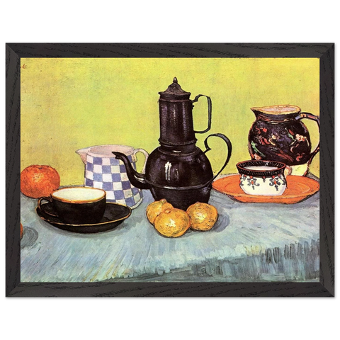 Still Life with Blue Enamel Coffeepot, Earthenware and Fruit by Vincent van Gogh — Framed art print at Zephyeer