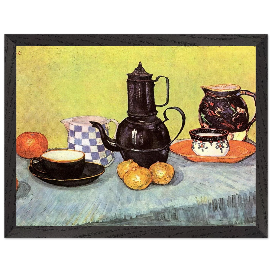 Still Life with Blue Enamel Coffeepot, Earthenware and Fruit by Vincent van Gogh — Framed art print at Zephyeer
