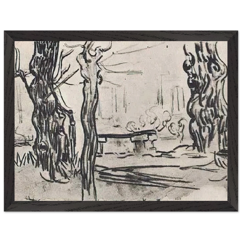 Garden of the Asylum and Tree Trunks and a Stone Bench by Vincent van Gogh — Framed art print at Zephyeer