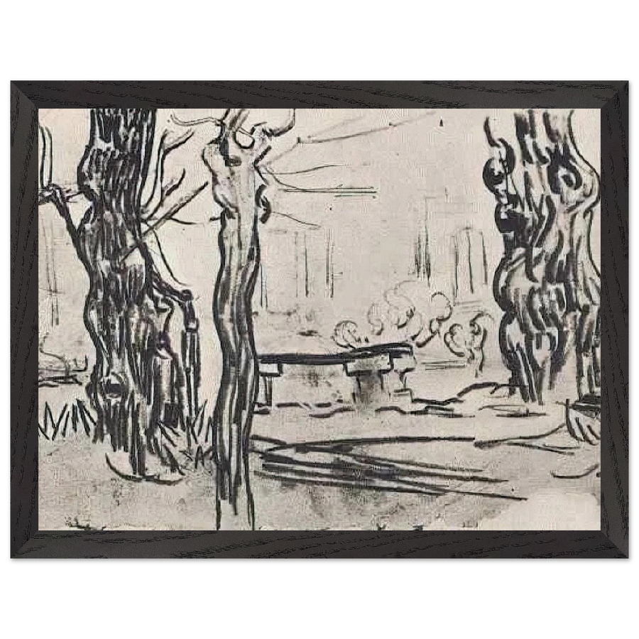 Garden of the Asylum and Tree Trunks and a Stone Bench by Vincent van Gogh — Framed art print at Zephyeer