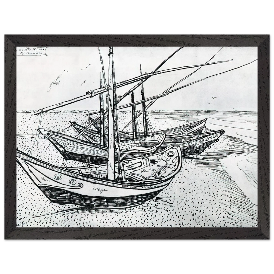 Fishing boats on the Beach at Les Saintes-Maries-de-la-Mer by Vincent van Gogh — Framed art print at Zephyeer