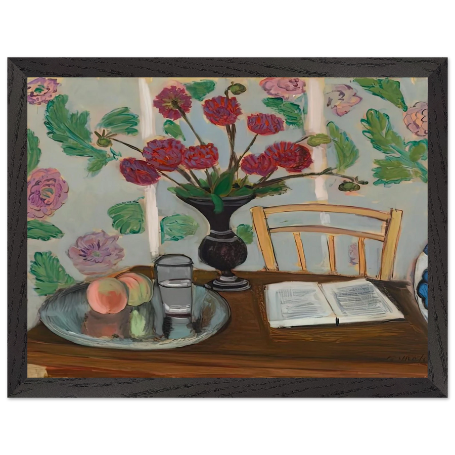 STILL LIFE BOUQUET OF DAHLIAS AND WHITE BOOK 1923 by Henri Matisse — Framed art print at Zephyeer