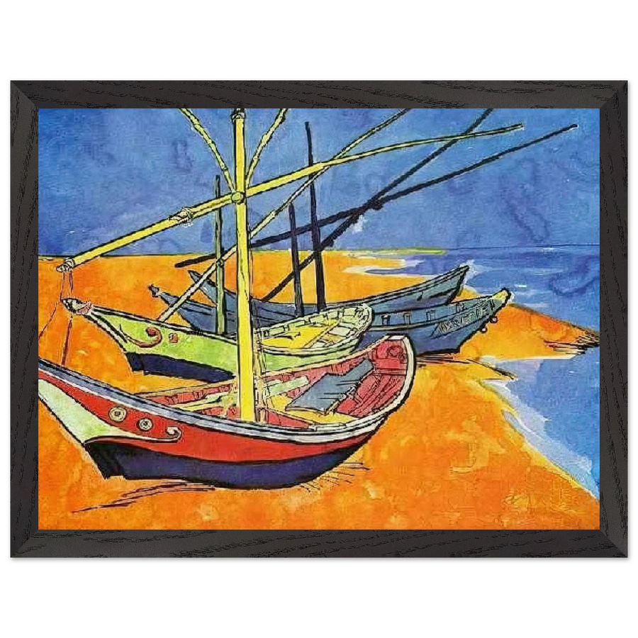 Fishing Boats on the Beach at Saintes-Maries-de-la-Mer by Vincent van Gogh — Framed art print at Zephyeer