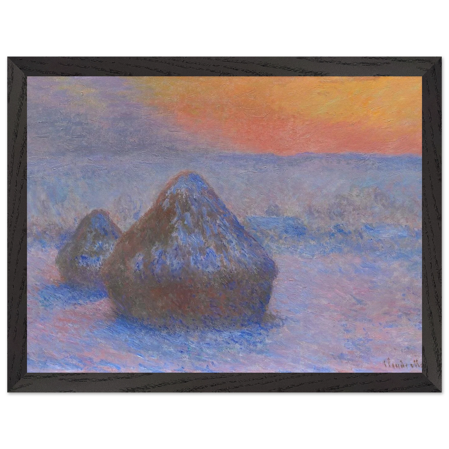 Stacks of Wheat Sunset, Snow Effect by Claude Monet — Framed art print at Zephyeer