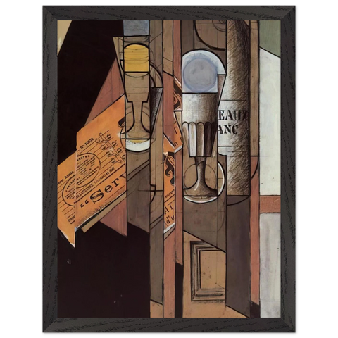 GLASSES NEWSPAPER AND BOTTLE OF WINE by Juan Gris — Framed art print at Zephyeer