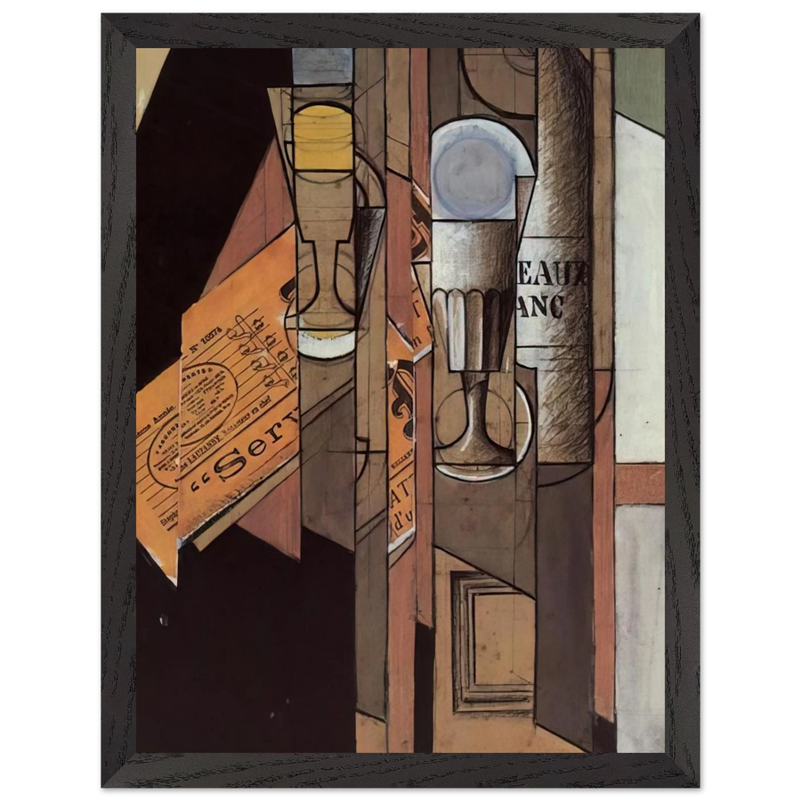 GLASSES NEWSPAPER AND BOTTLE OF WINE by Juan Gris — Framed art print at Zephyeer