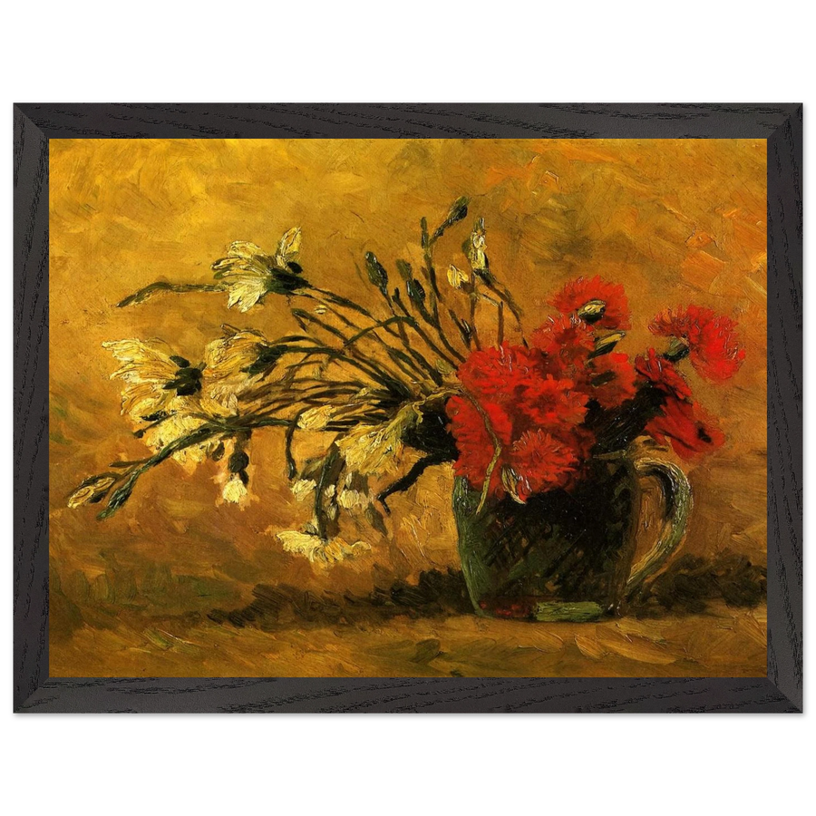 Vase with Red and White Carnations on a Yellow Background by Vincent van Gogh — Framed art print at Zephyeer