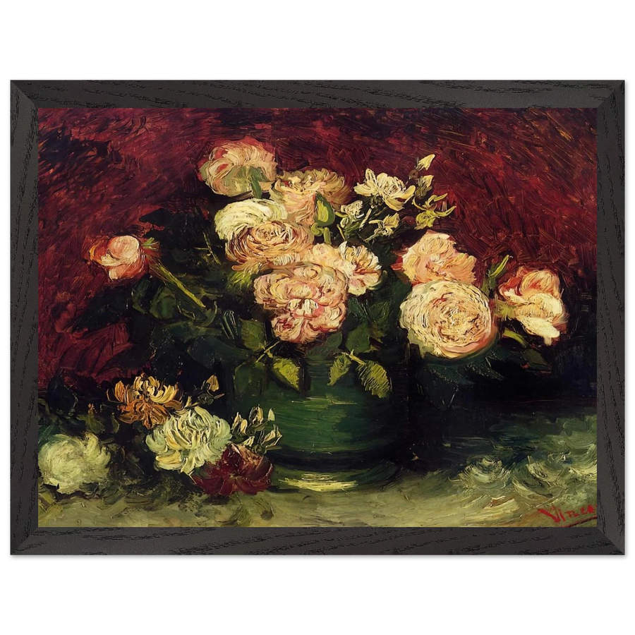Bowl with Peonies and Roses by Vincent van Gogh — Framed art print at Zephyeer