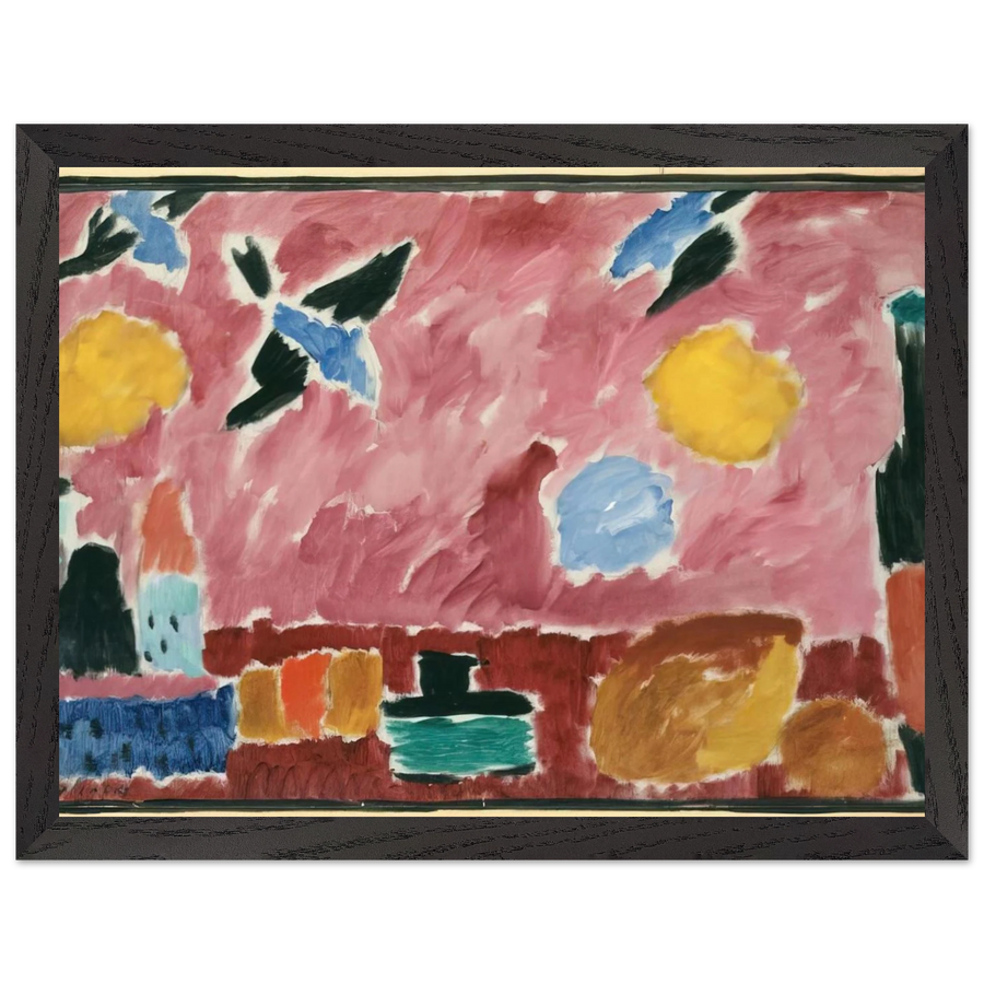 STILL LIFE WITH BOTTLE BREAD AND RED WALLPAPER WITH SWALLOWS 1915 by Alexej von Jawlensky — Framed art print at Zephyeer