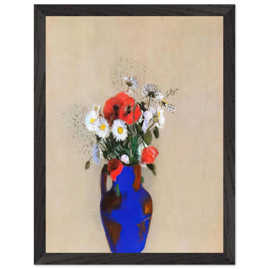 POPPIES AND DAISIES IN A BLUE VASE by Odilon Redon — Framed art print at Zephyeer