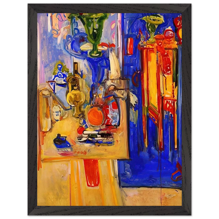 Table with Teakettle, Green Vase and Red Flowers by Hans Hofmann — Framed art print at Zephyeer