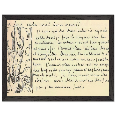 Cypresses Sketch on a Letter to Theo Van Gogh by Vincent van Gogh — Framed art print at Zephyeer