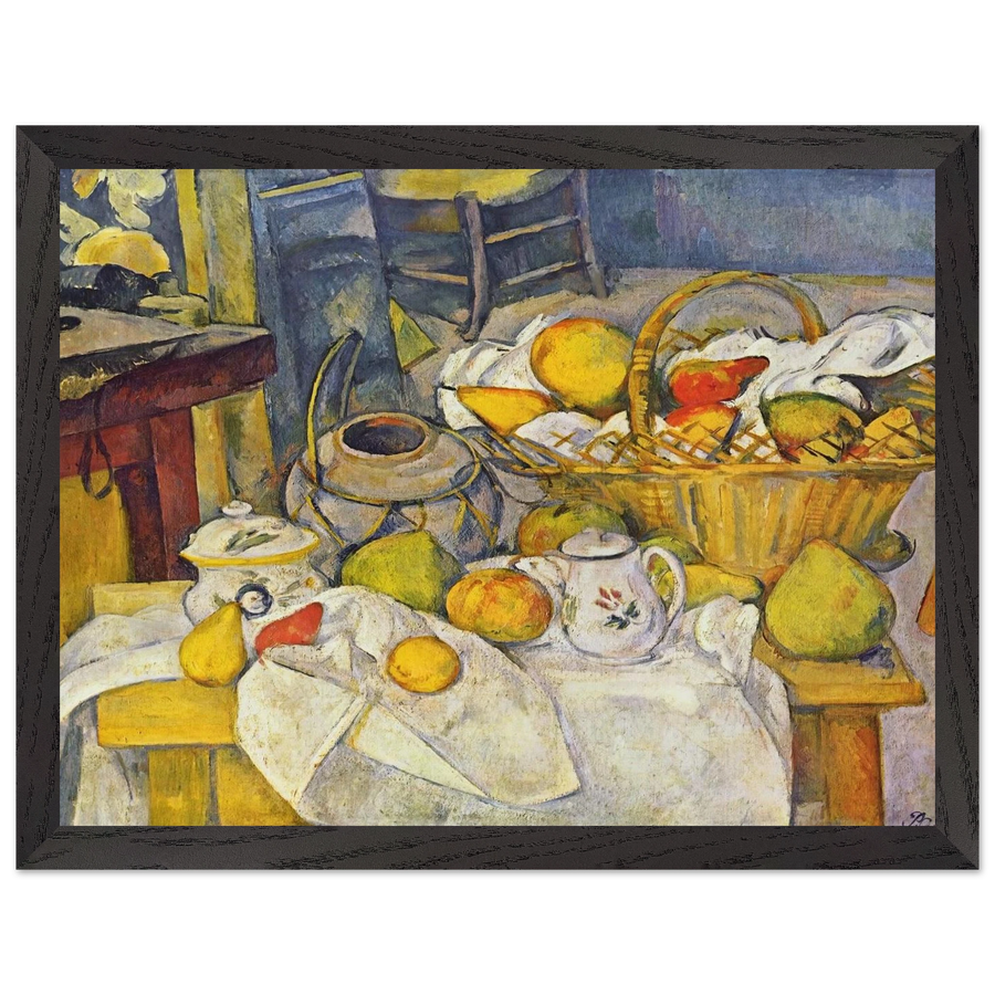 Still life with basket Kitchen table by Paul Cézanne — Framed art print at Zephyeer