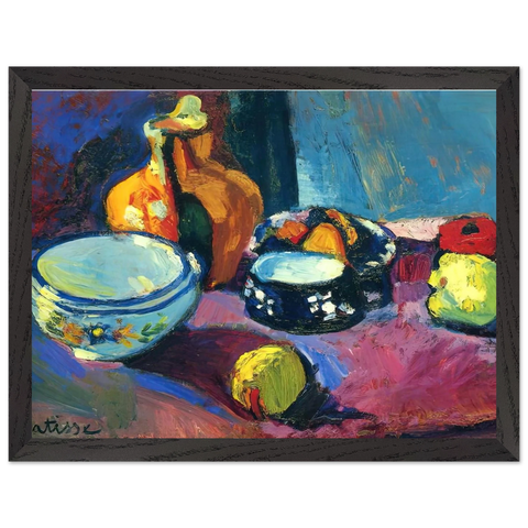 DISHES AND FRUIT ON A RED AND BLACK CARPET 1901 by Henri Matisse — Framed art print at Zephyeer