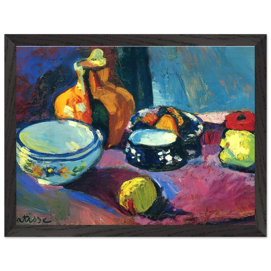DISHES AND FRUIT ON A RED AND BLACK CARPET 1901 by Henri Matisse — Framed art print at Zephyeer