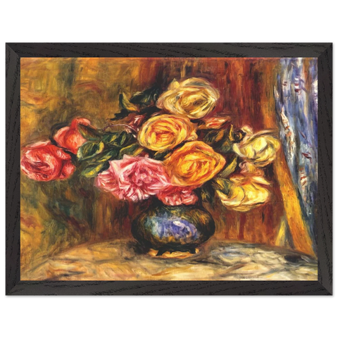 Roses in front of a blue curtain by Pierre-Auguste Renoir — Framed art print at Zephyeer
