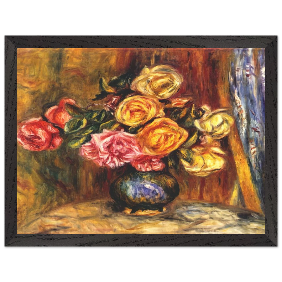 Roses in front of a blue curtain by Pierre-Auguste Renoir — Framed art print at Zephyeer