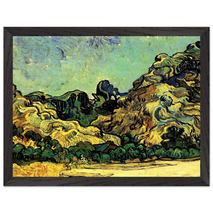 Mountains at Saint-Remy with Dark Cottage by Vincent van Gogh — Framed art print at Zephyeer