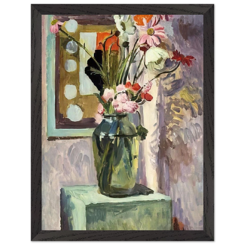 FLOWERS IN A GLASS VASE WITH ABSTRACT NEEDLEWORK DESIGN by Vanessa Bell — Framed art print at Zephyeer