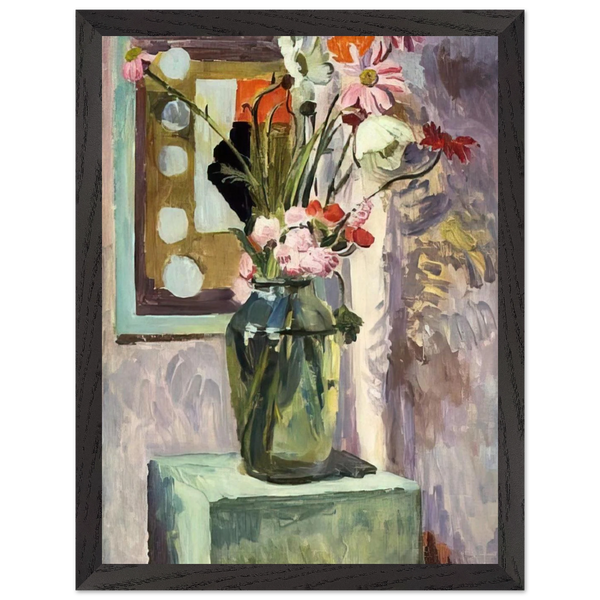 FLOWERS IN A GLASS VASE WITH ABSTRACT NEEDLEWORK DESIGN by Vanessa Bell — Framed art print at Zephyeer