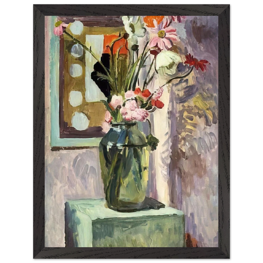 FLOWERS IN A GLASS VASE WITH ABSTRACT NEEDLEWORK DESIGN by Vanessa Bell — Framed art print at Zephyeer