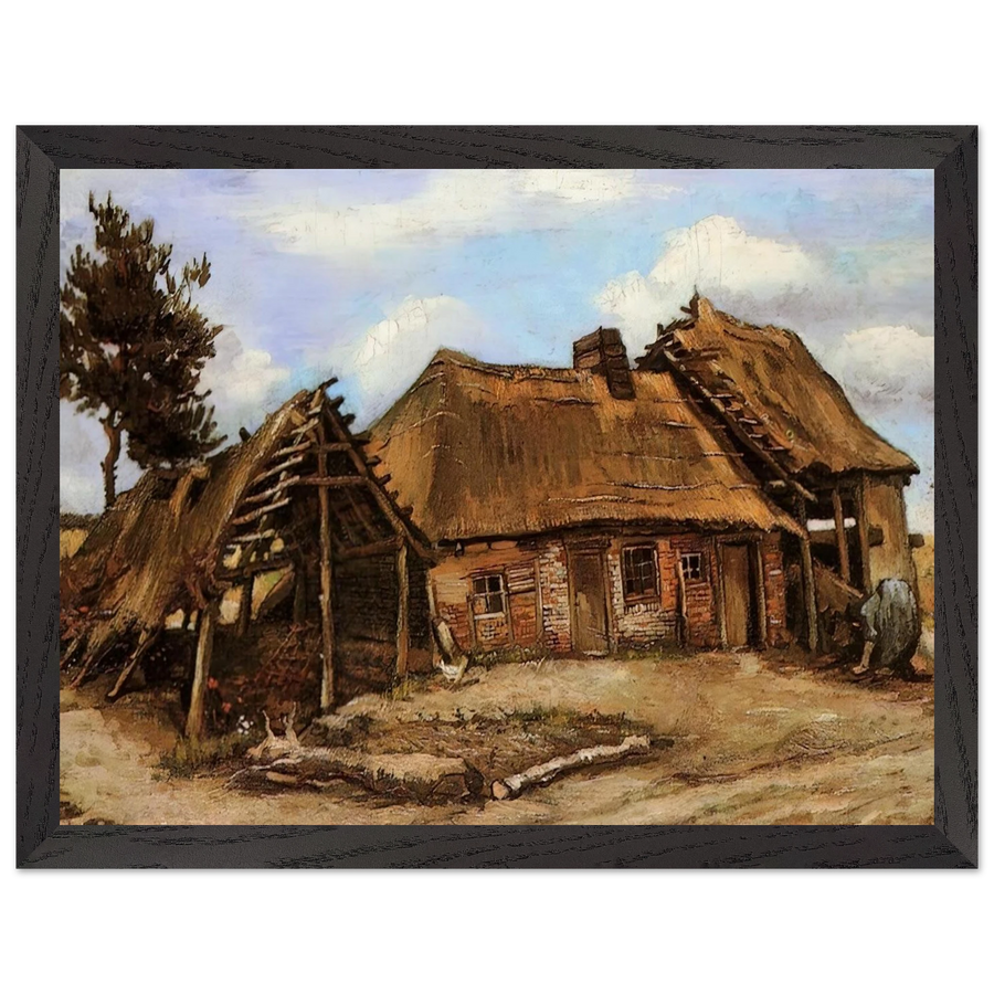 Cottage with Decrepit Barn and Stooping Woman by Vincent van Gogh — Framed art print at Zephyeer