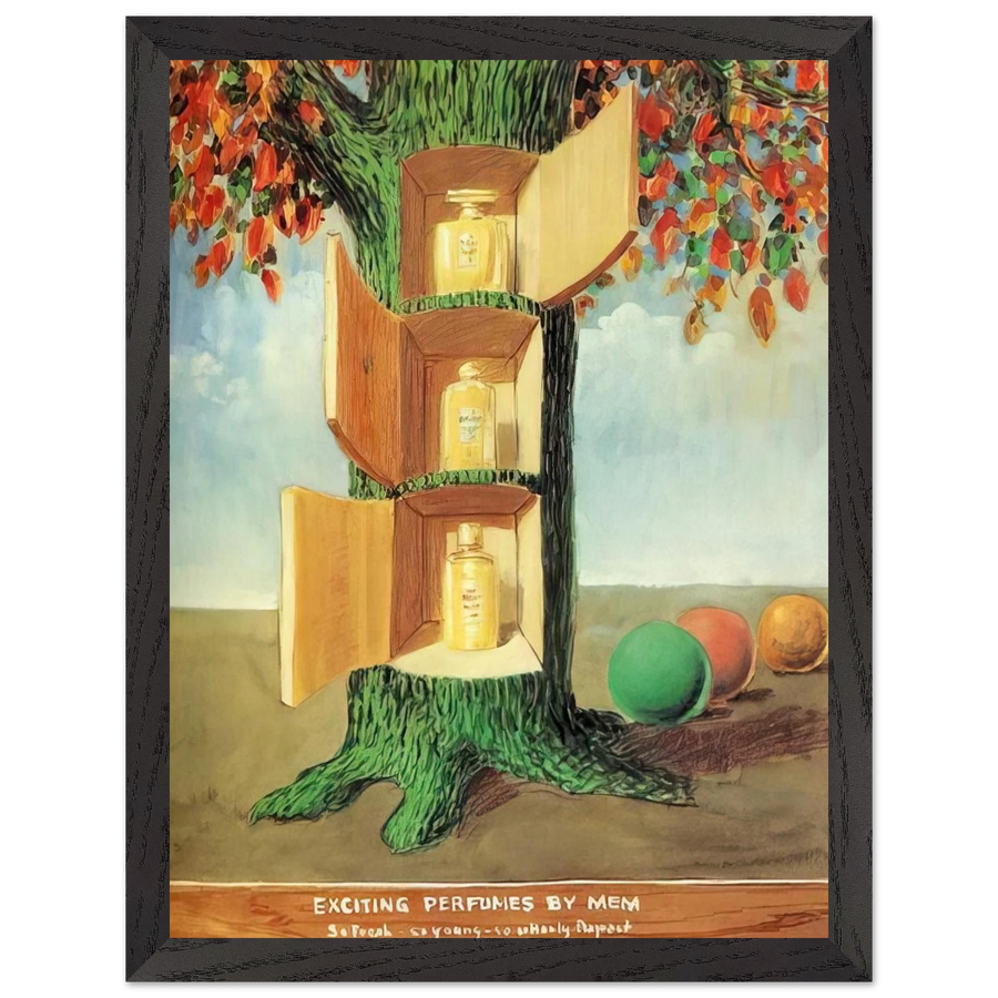 POSTER EXCITING PERFUMES BY MEM 1946 by Rene Magritte — Framed art print at Zephyeer