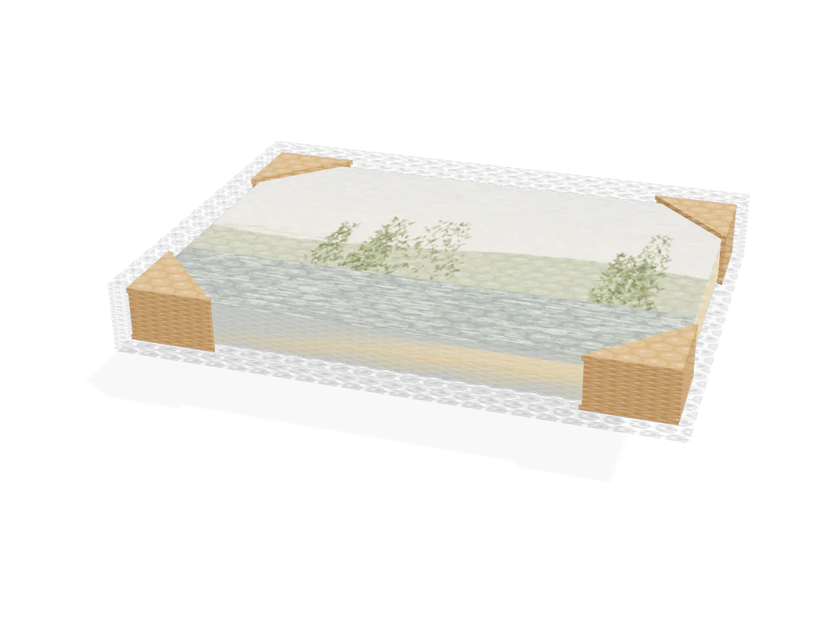 Canvas print with corner protectors wrapped in bubble wrap