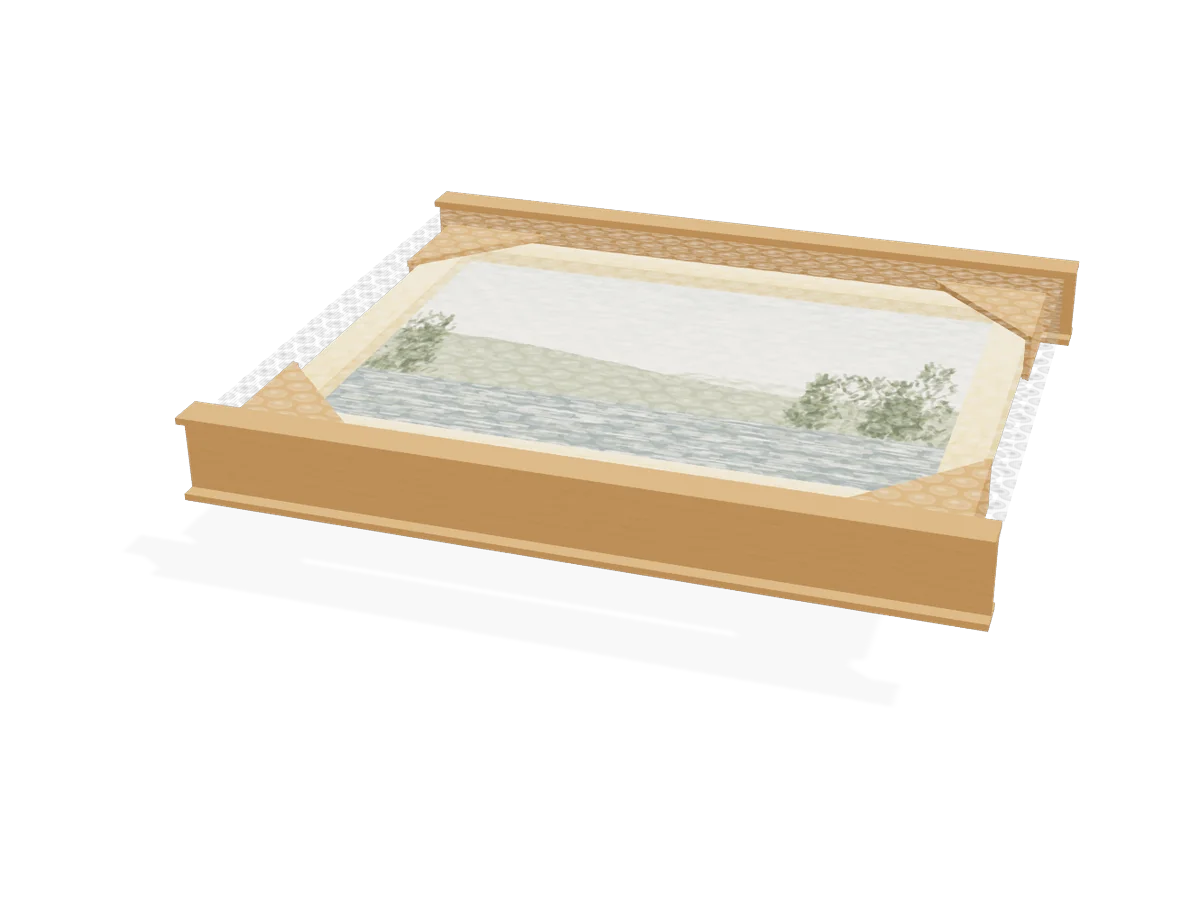 Wrapped framed poster with cardboard I-beams along both long sides